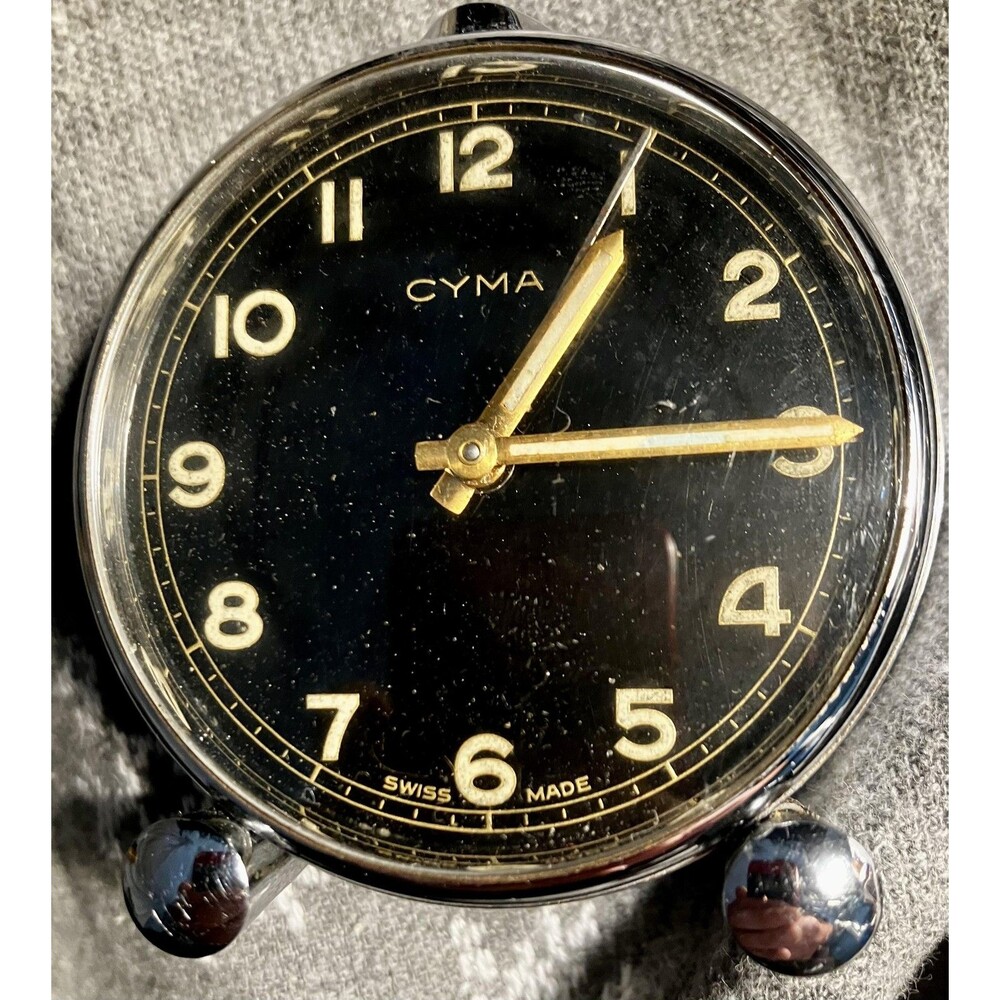 Vintage Cyma Swiss Black Metal Alarm Novelty Clock Mechanical Chrome 1950s Desk